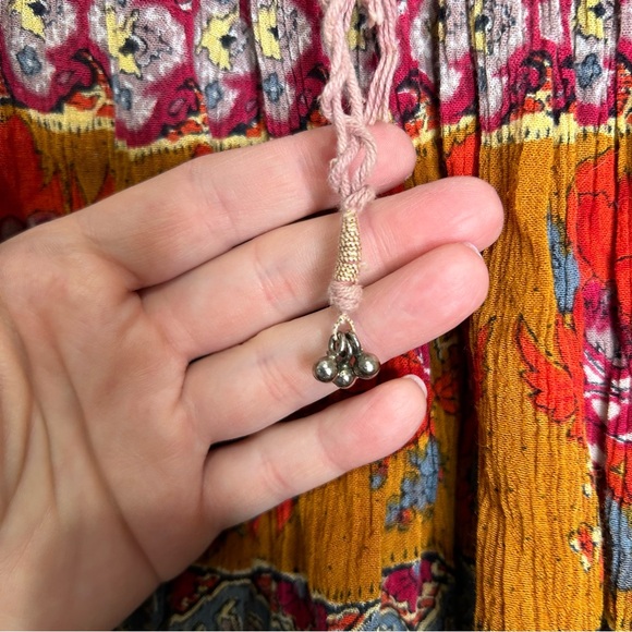 Vintage 90s Multicolour Crinkle Pleated Midi Skirt Tie Waist Elastic India M - Picture 3 of 4